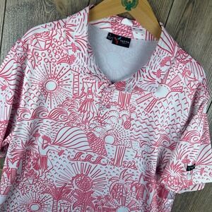 Yatta Golf Mens Performance Polo Shirt Pink White Hawaiian Hula Print Large